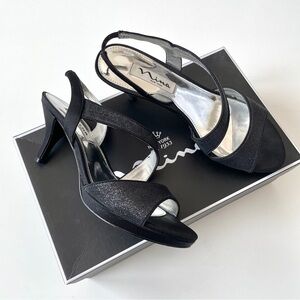 Nina New York Newark Sparkle Slingback Black Glitter Dress Sandals Heels, 6.5